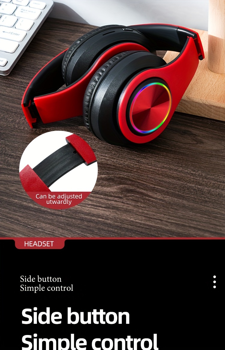 light emitting wireless headphones colorful led lights comfort over ear foldable headset with built in microphone fm sd card slot wired for school tablet computer pc tv cellphones travel gift for birthday easter details 8