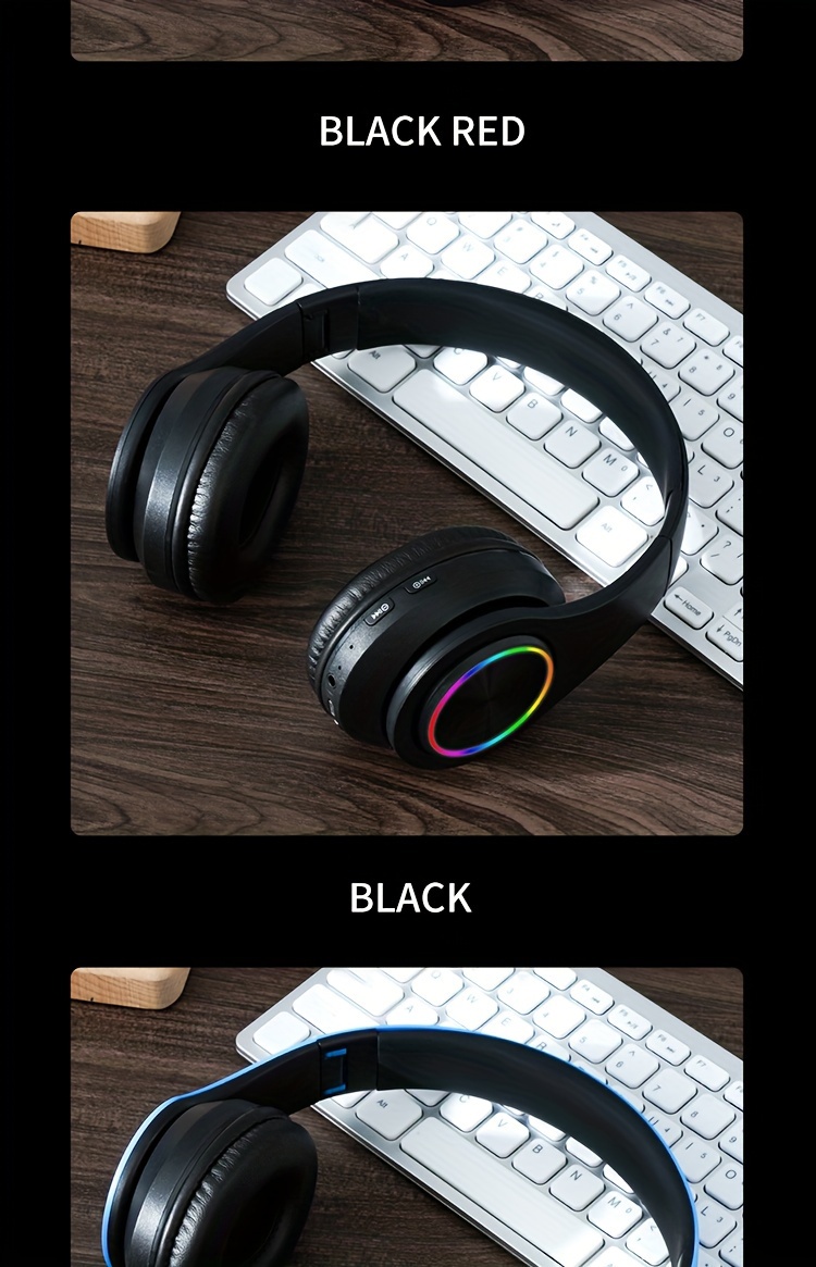 light emitting wireless headphones colorful led lights comfort over ear foldable headset with built in microphone fm sd card slot wired for school tablet computer pc tv cellphones travel gift for birthday easter details 13